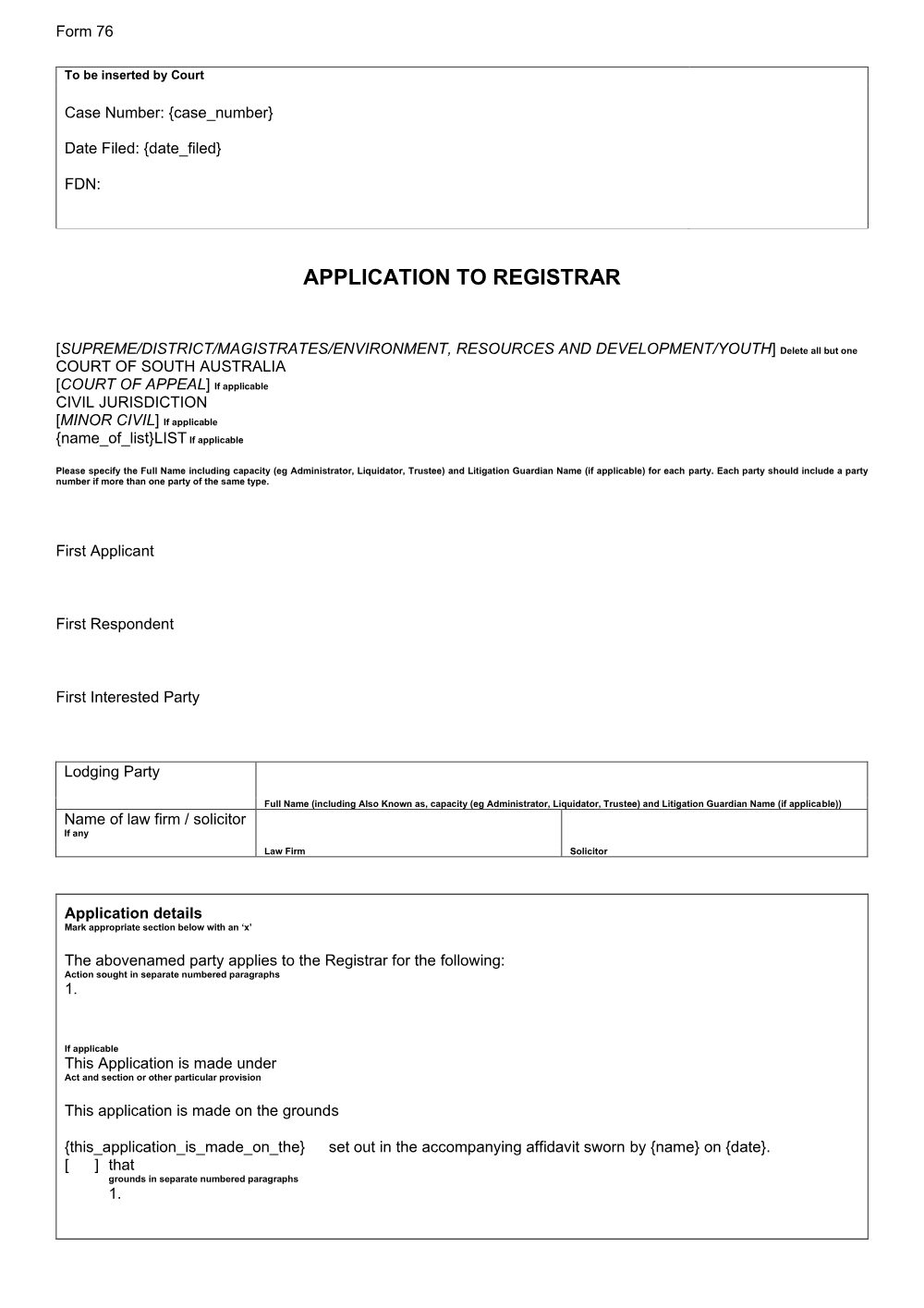 Preview of the first page of Application to Registrar (Form 76)