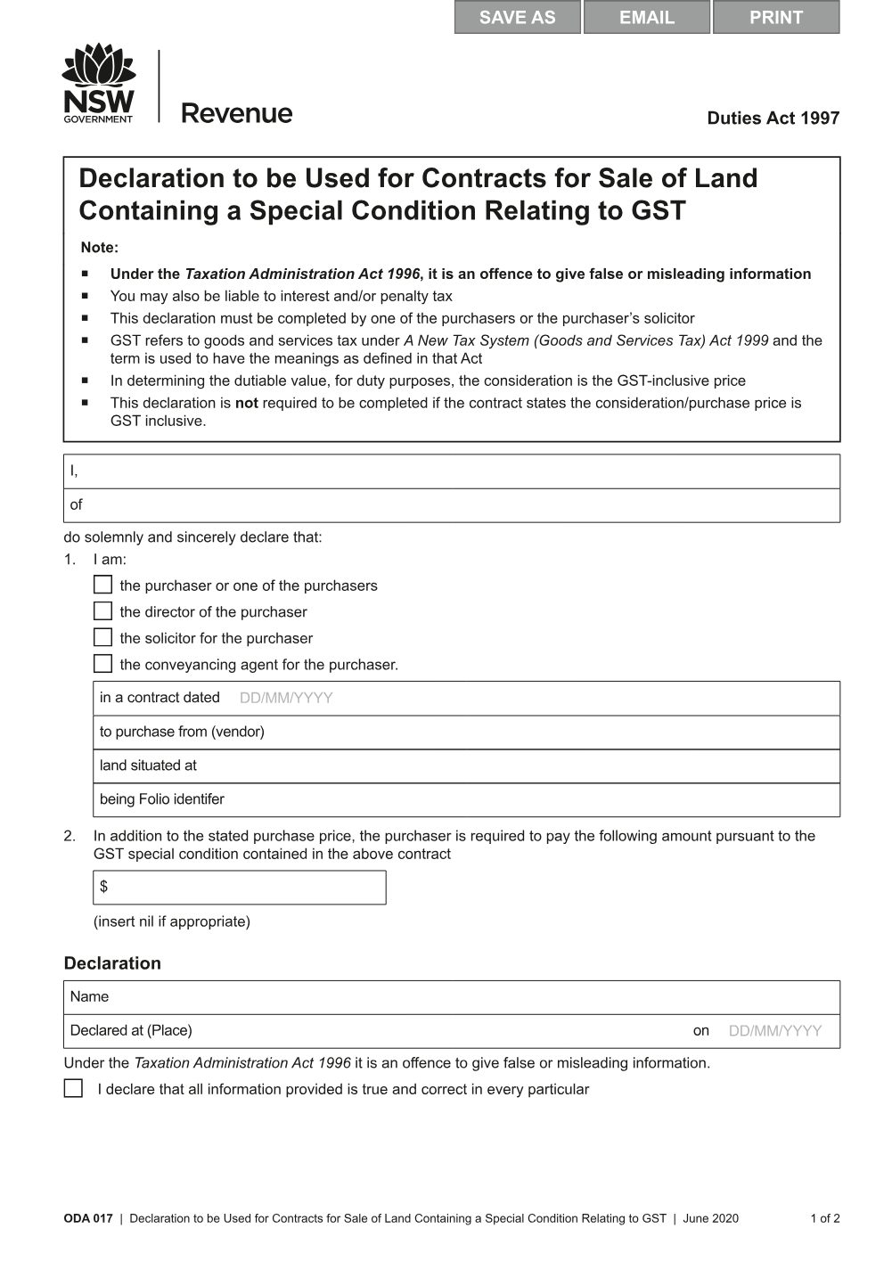 Preview of the first page of Declaration to be Used for Contracts for Sale of Land Containing a Special Condition Relating to GST (ODA 017)