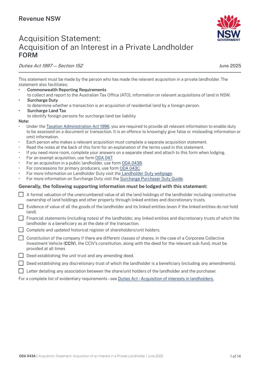 Preview of the first page of Acquisition Statement: Acquisition of an Interest in a Private Landholder (ODA 043A)
