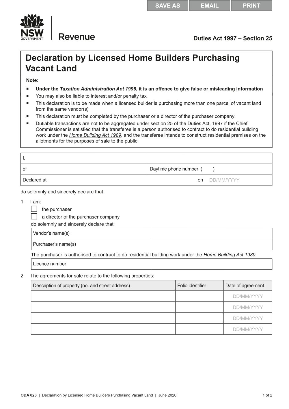 Preview of the first page of Declaration by Licensed Home Builders Purchasing Vacant Land (ODA 023)