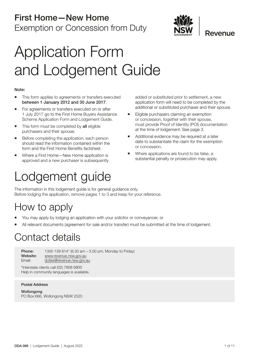Preview of the first page of First Home - New Home: Exemption or Concession from Duty - Application Form and Lodgement Guide (ODA 066)
