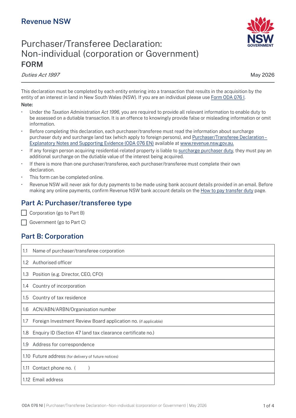 Preview of the first page of Purchaser/Transferee Declaration: Non-individual (corporation or Government) (ODA 076NI)