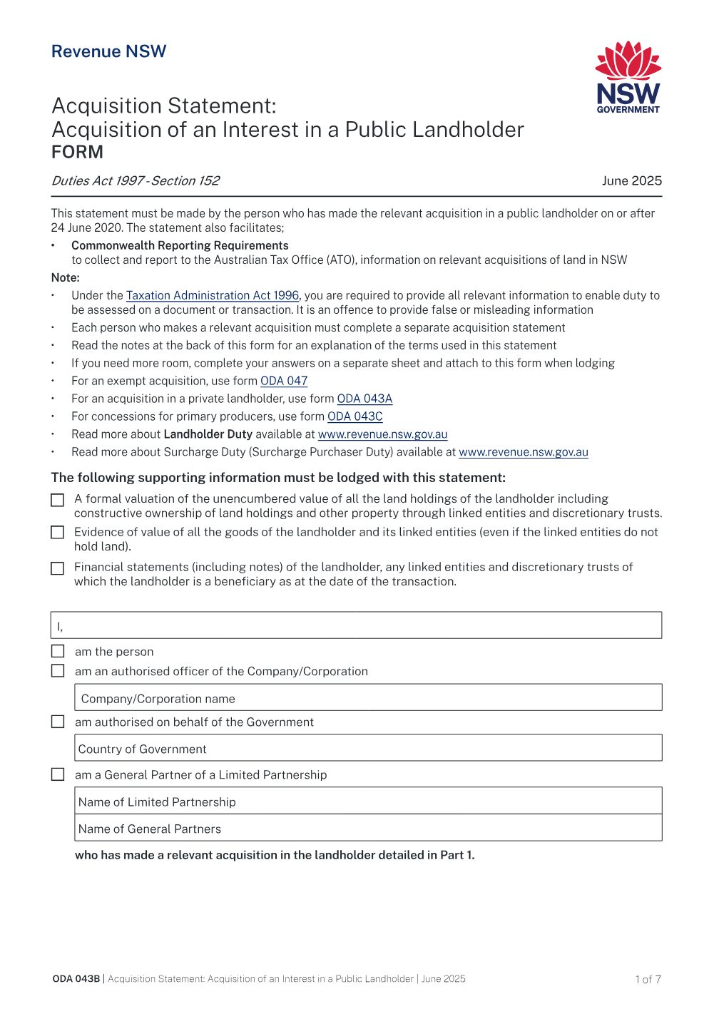 Preview of the first page of Acquisition Statement: Acquisition of an Interest in a Public Landholder (ODA 043B)