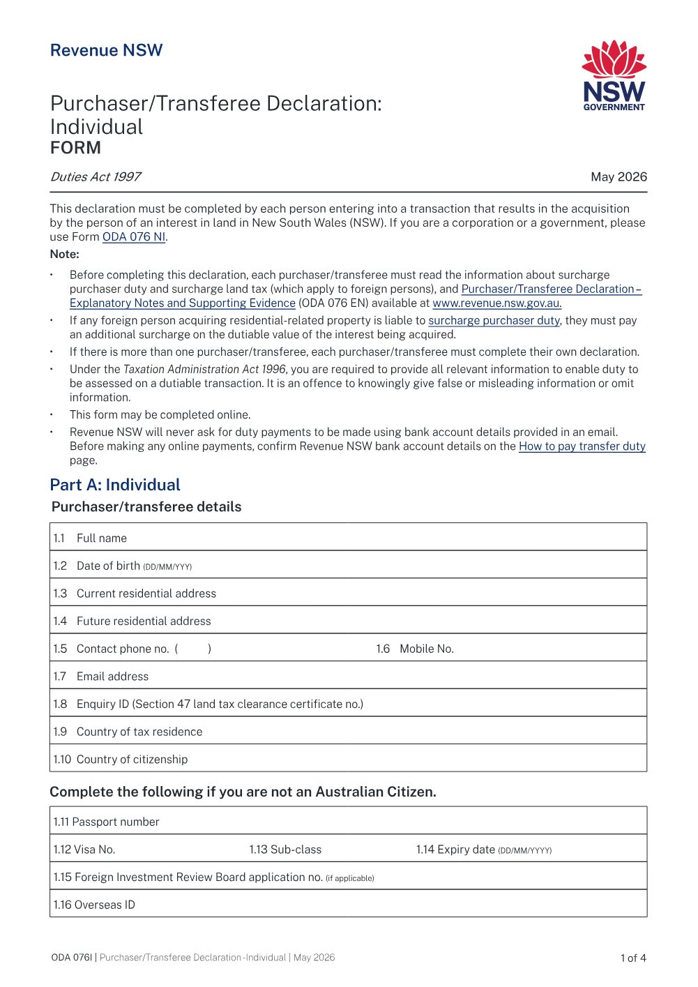Preview of the first page of Purchaser/Transferee Declaration: Individual (ODA 076I)