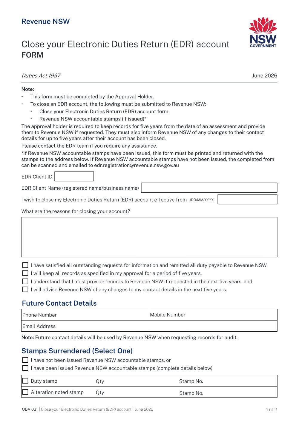 Preview of the first page of Close your Electronic Duties Return (EDR) account (ODA 031)