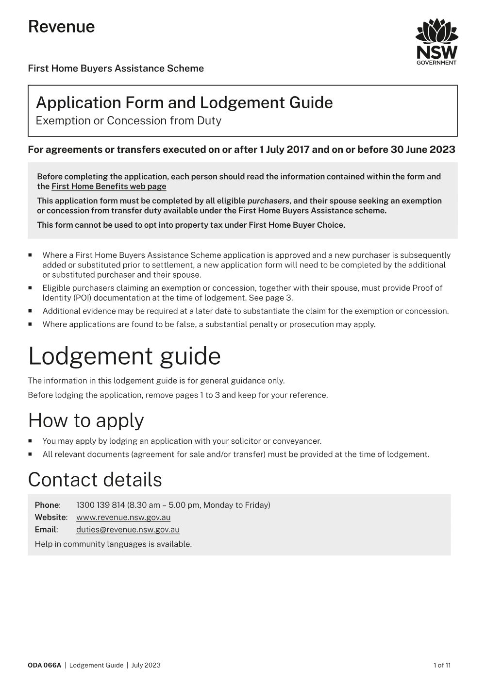 Preview of the first page of First Home Buyers Assistance Scheme: Application Form and Lodgement Guide - Exemption or Concession from Duty (ODA 066A)