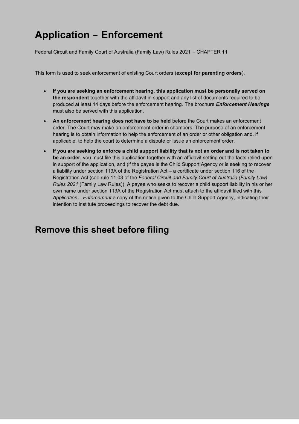 Preview of the first page of Application - Enforcement