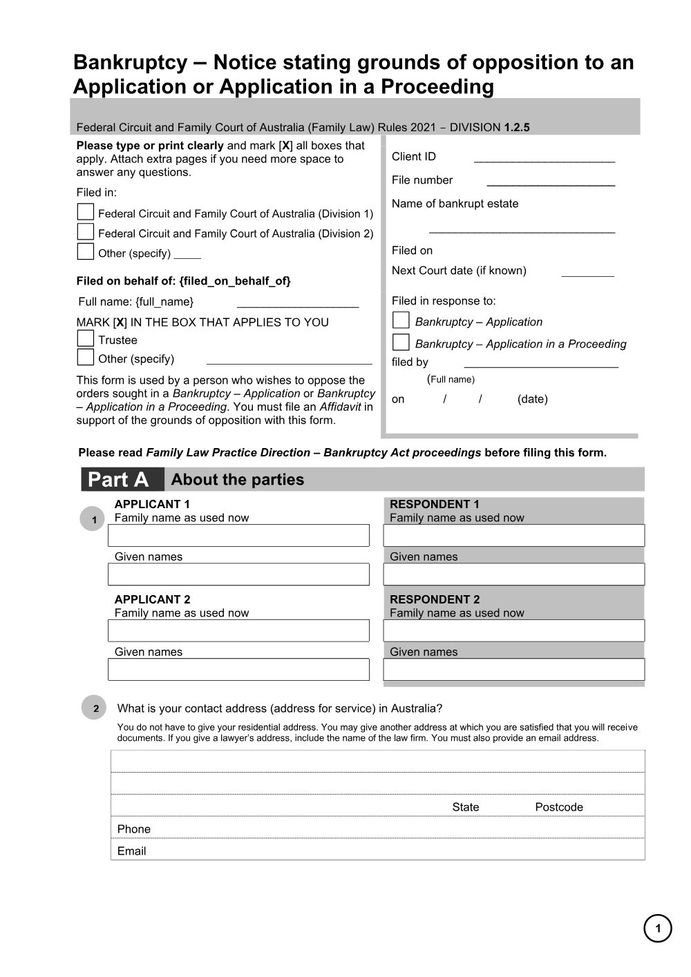 Preview of the first page of Bankruptcy - Notice stating grounds of opposition to an Application or Application in a proceeding