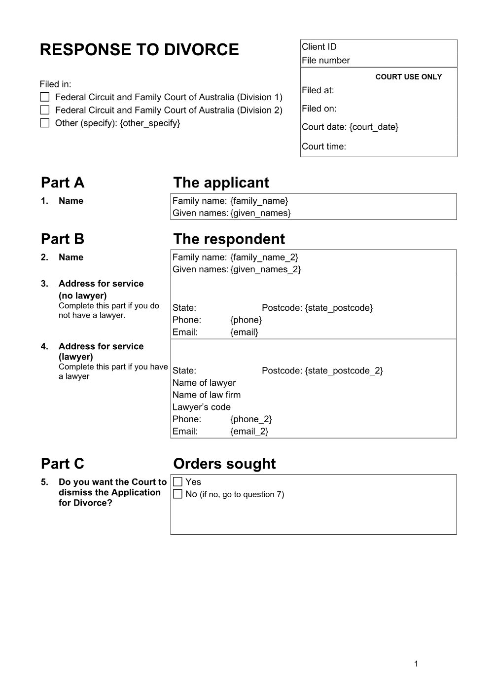Preview of the first page of Response to Divorce