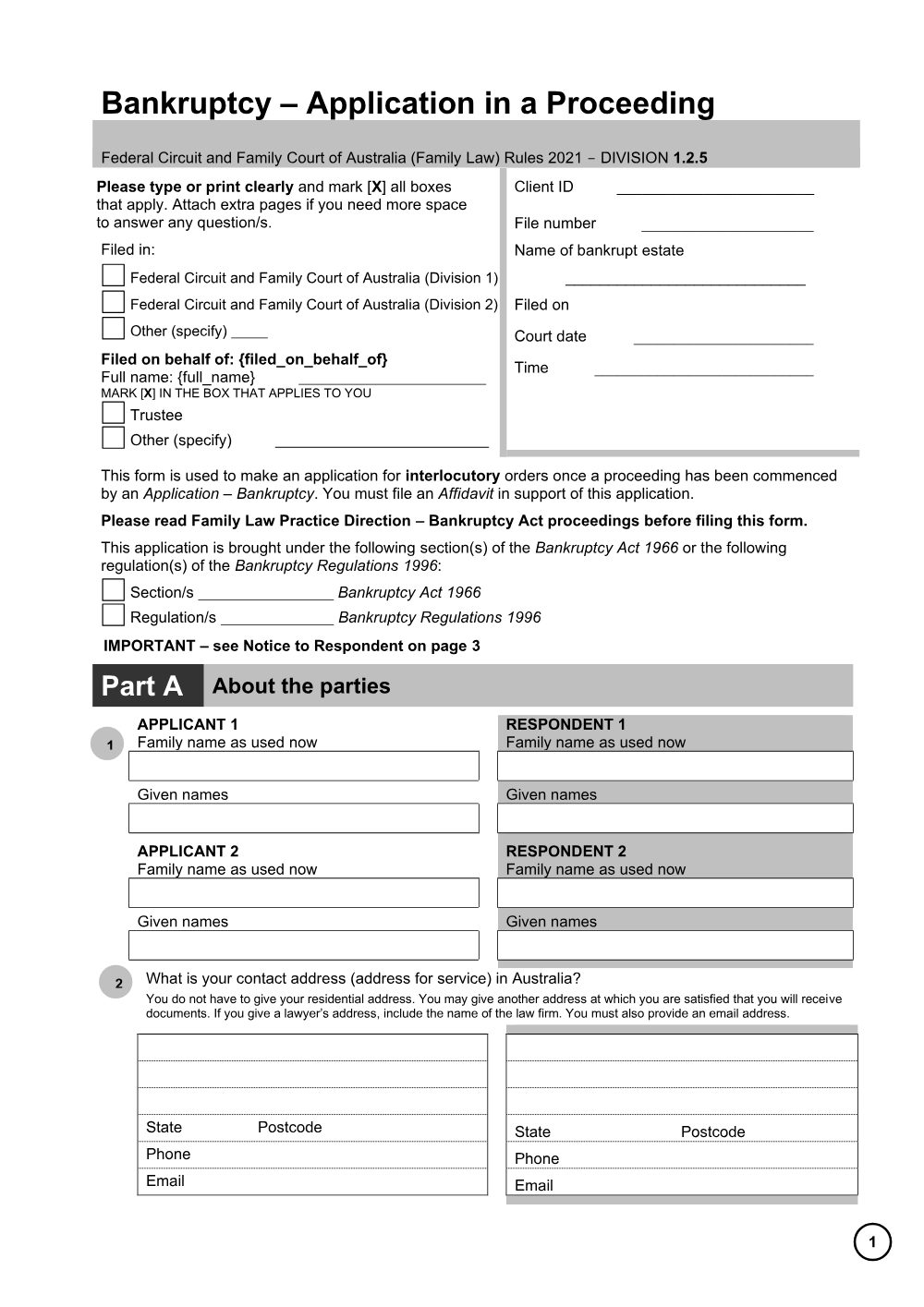 Preview of the first page of Bankruptcy - Application in a proceeding