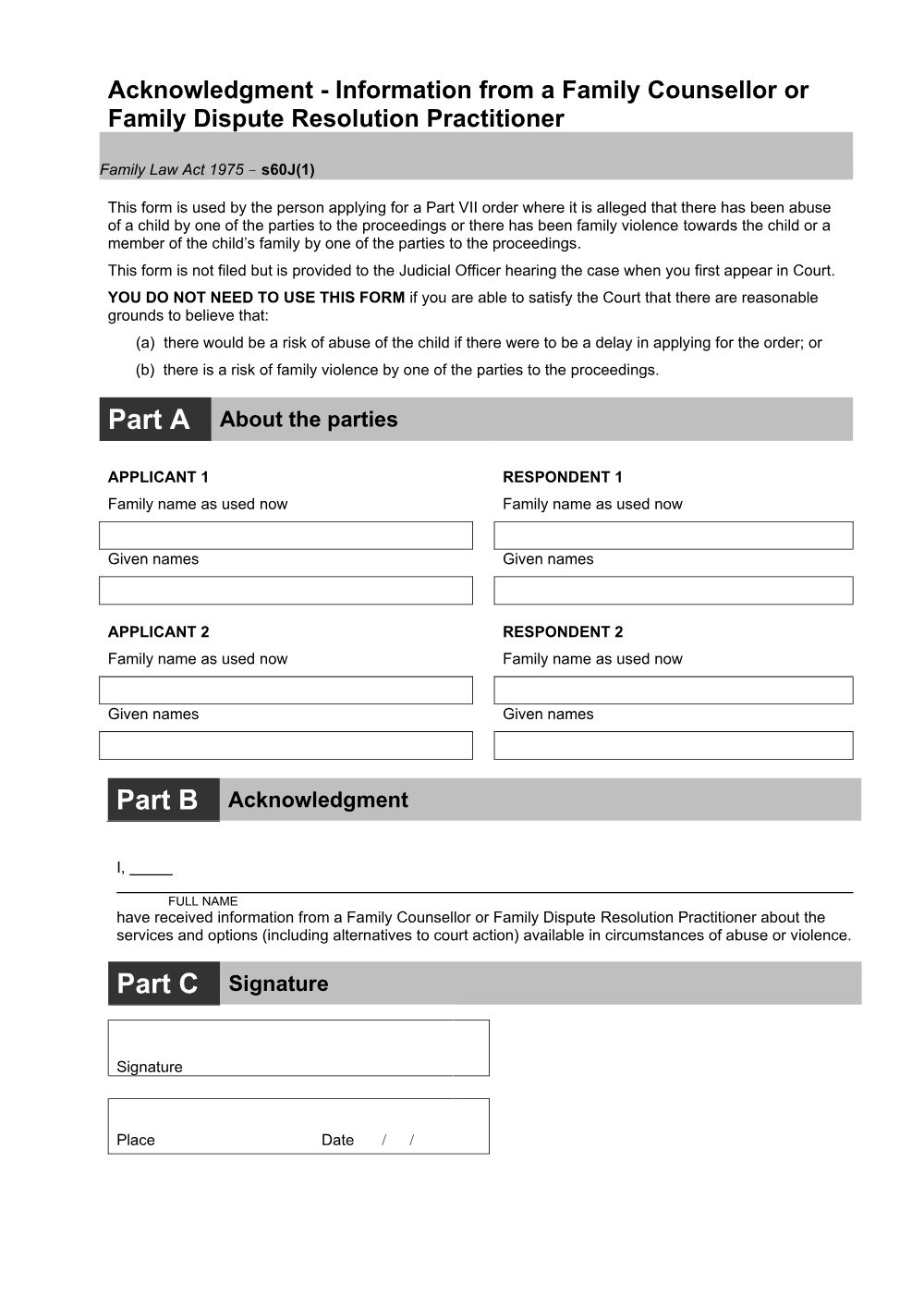 Preview of the first page of Acknowledgment - information from a family counsellor or family dispute resolution practitioner