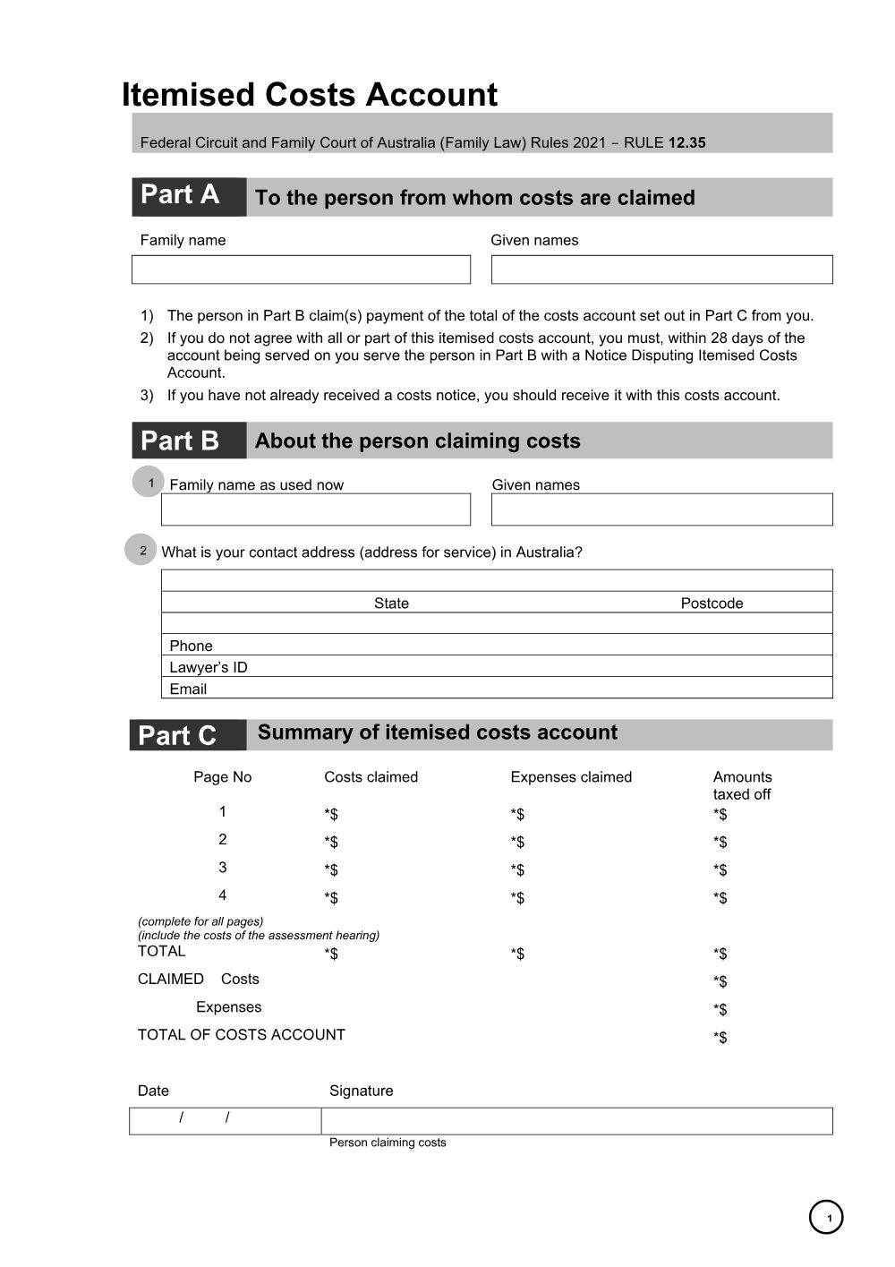 Preview of the first page of Itemised costs account