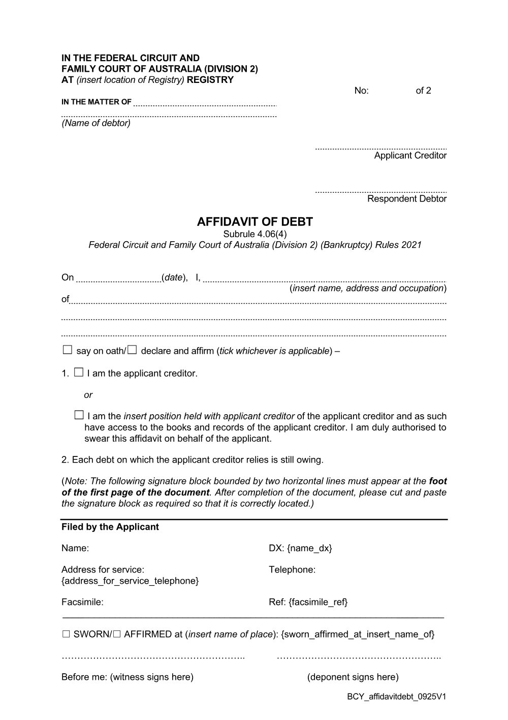 Preview of the first page of Affidavit of Debt
