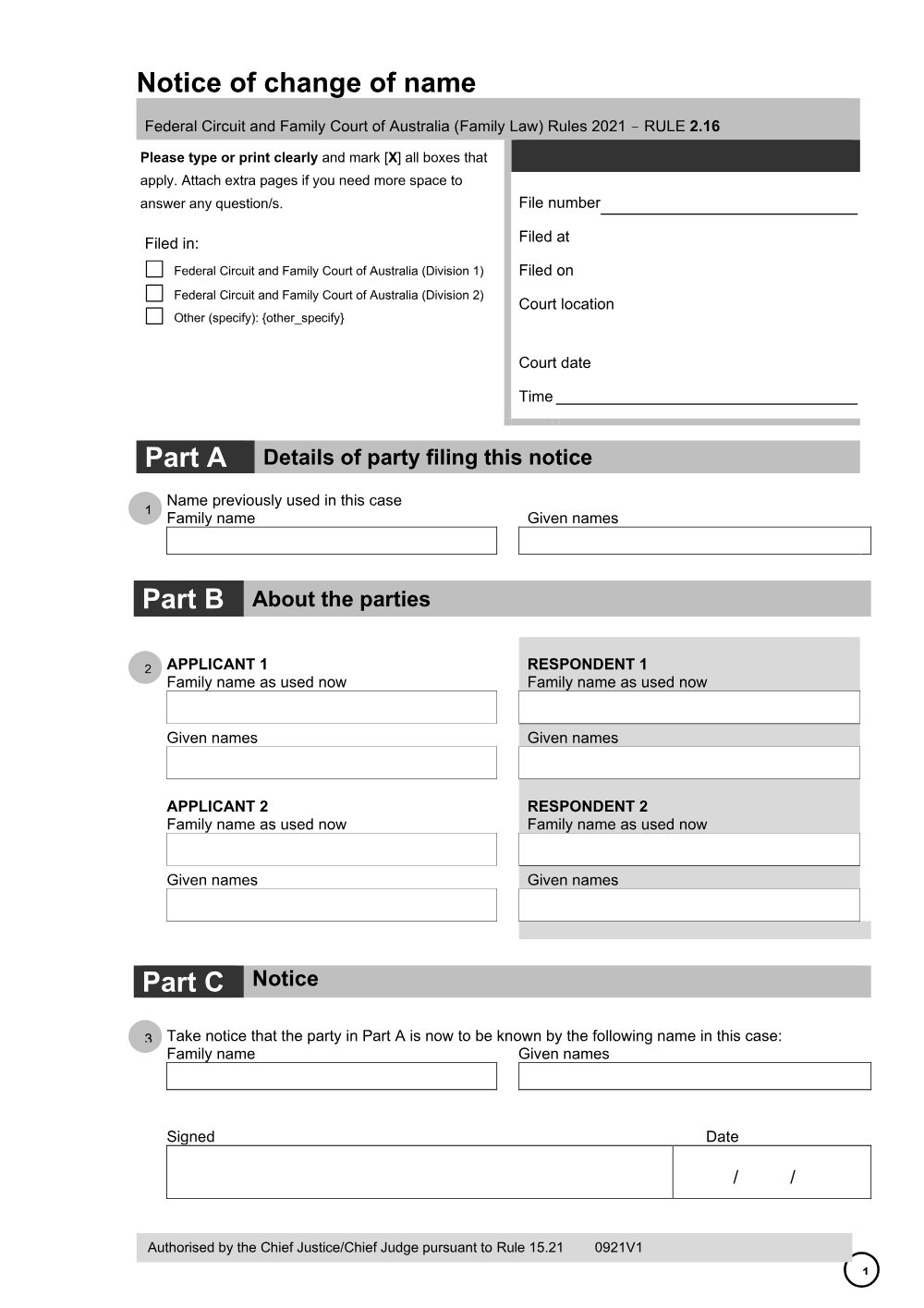 Preview of the first page of Notice of change of name