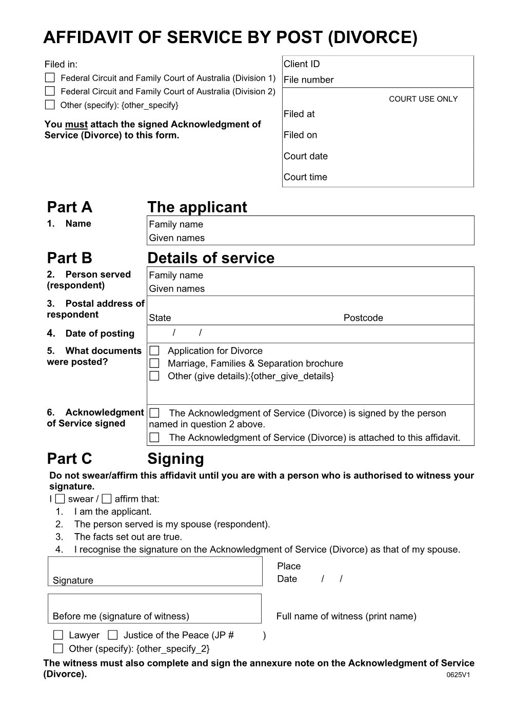 Preview of the first page of Affidavit of service by post (divorce)