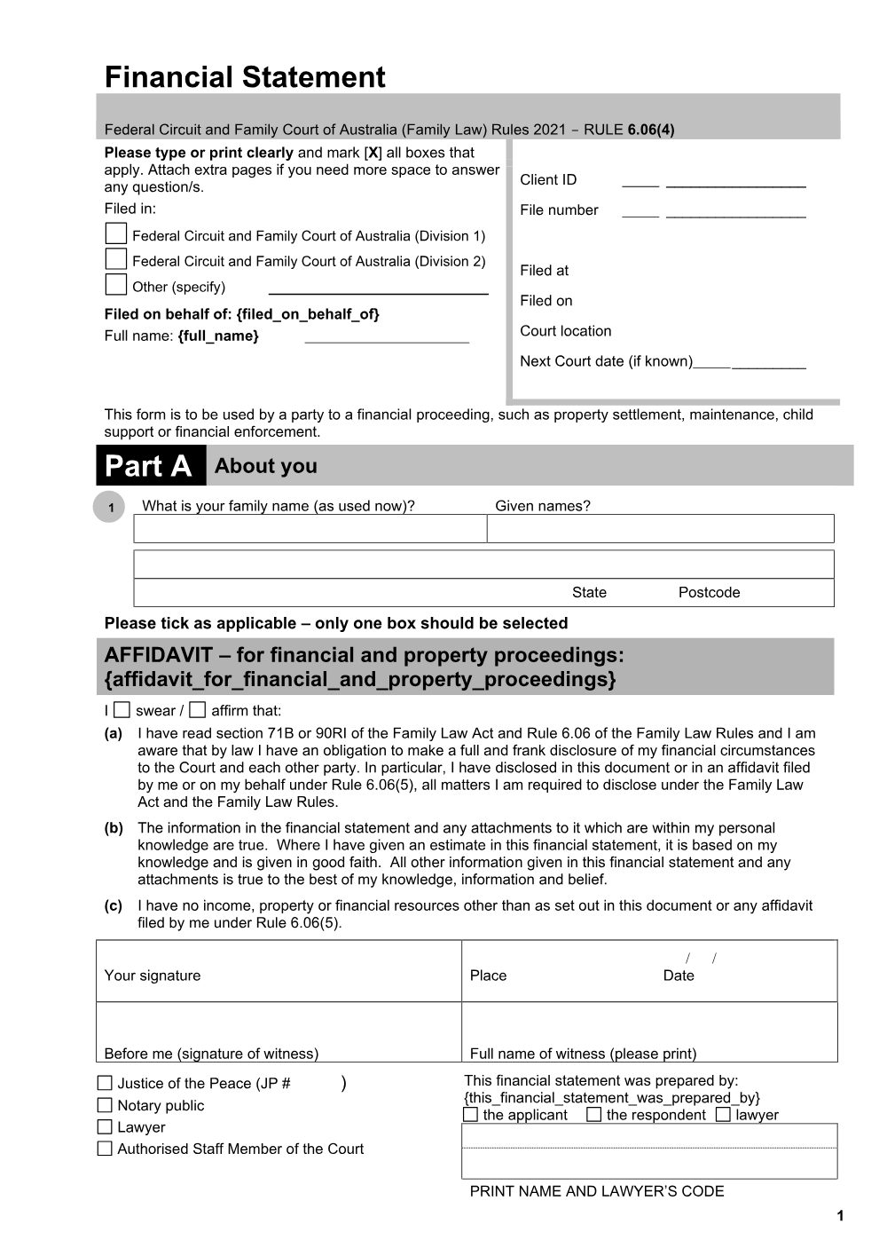 Preview of the first page of Financial Statement (form)