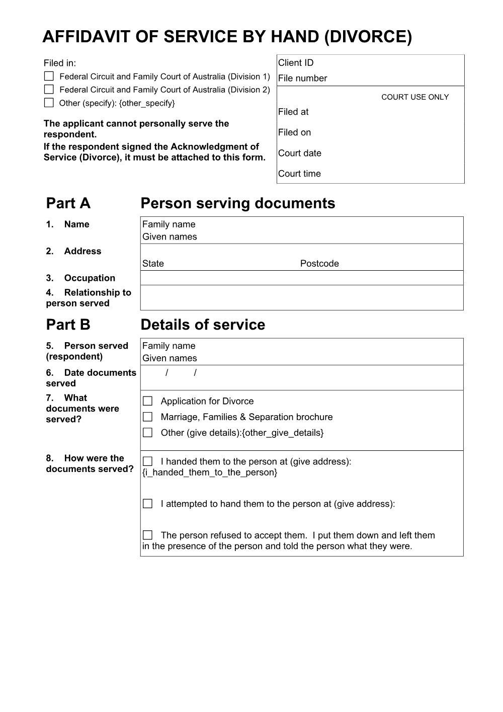 Preview of the first page of Affidavit of service by hand (divorce)