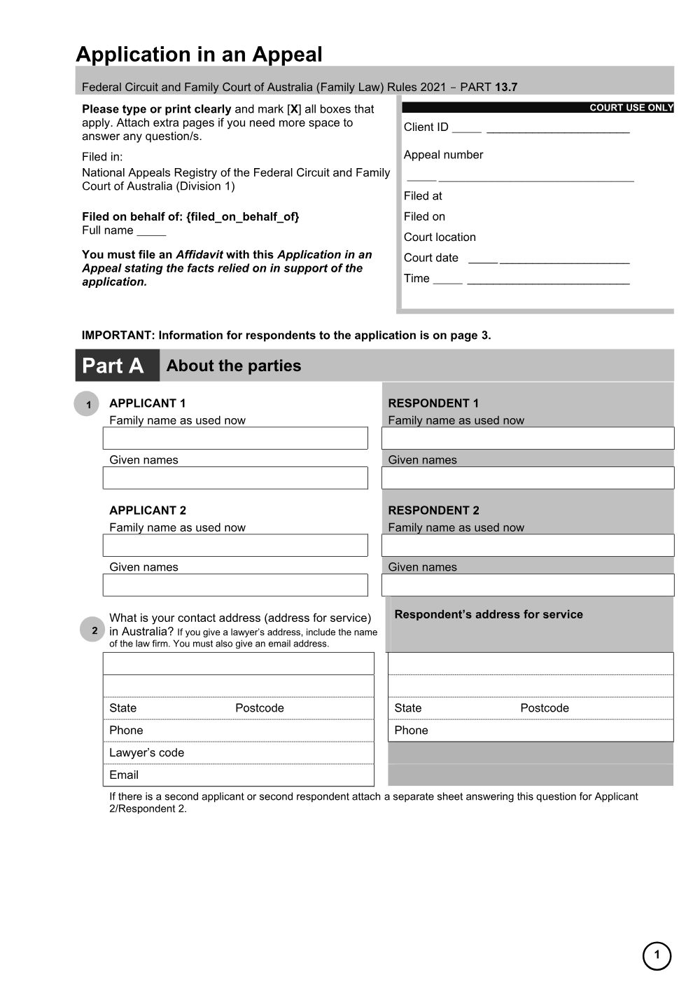 Preview of the first page of Application in an appeal