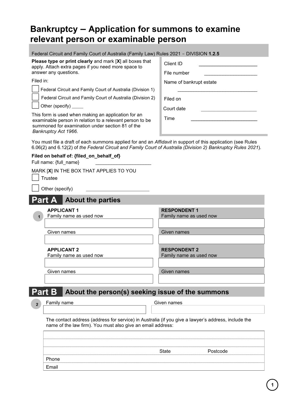 Preview of the first page of Bankruptcy - Application for summons to examine relevant person or examinable person