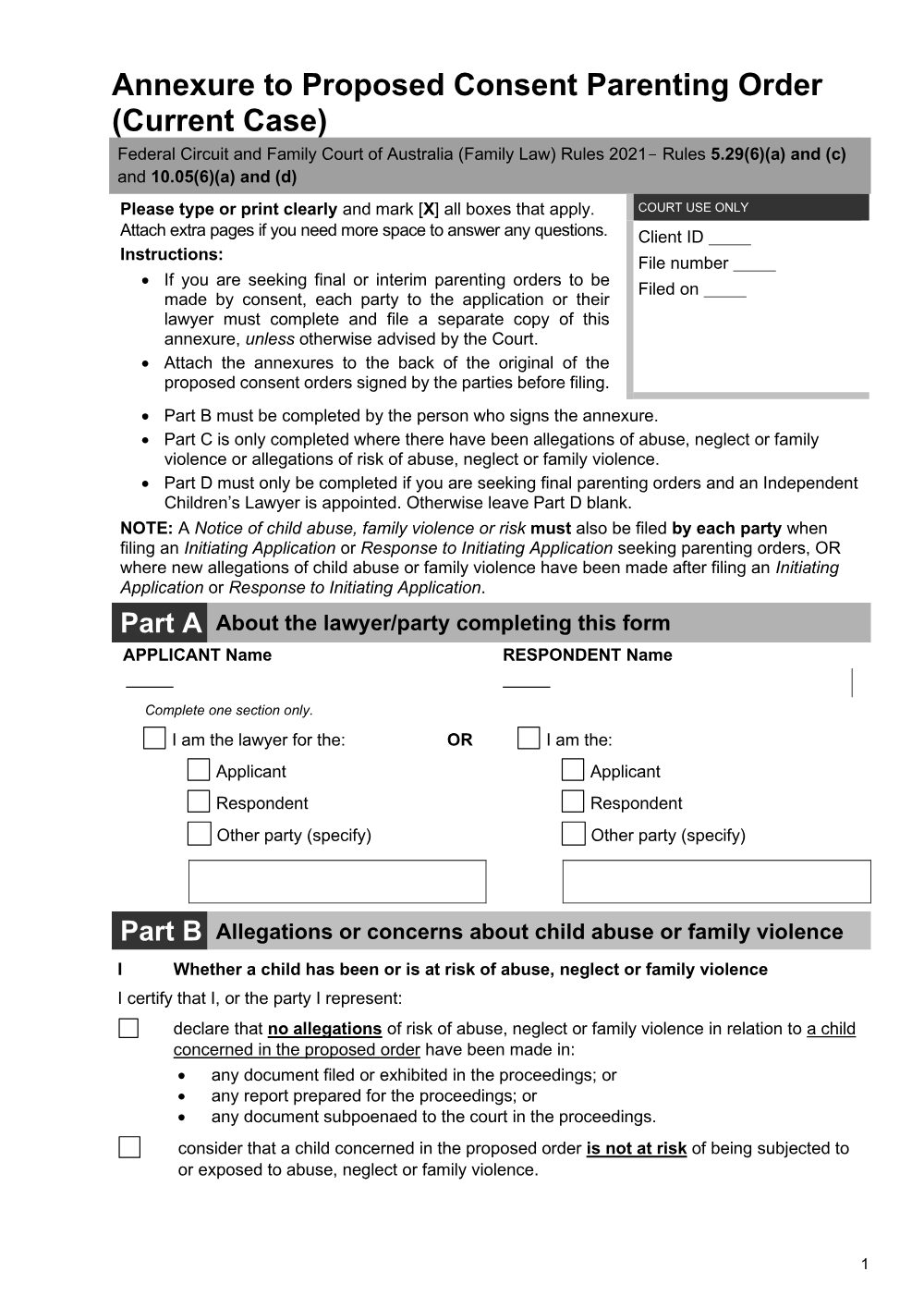 Preview of the first page of Annexure to proposed consent parenting orders (current case)
