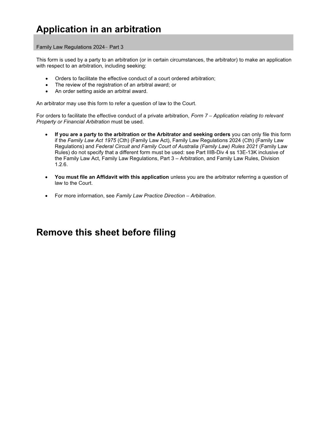 Preview of the first page of Application in an arbitration
