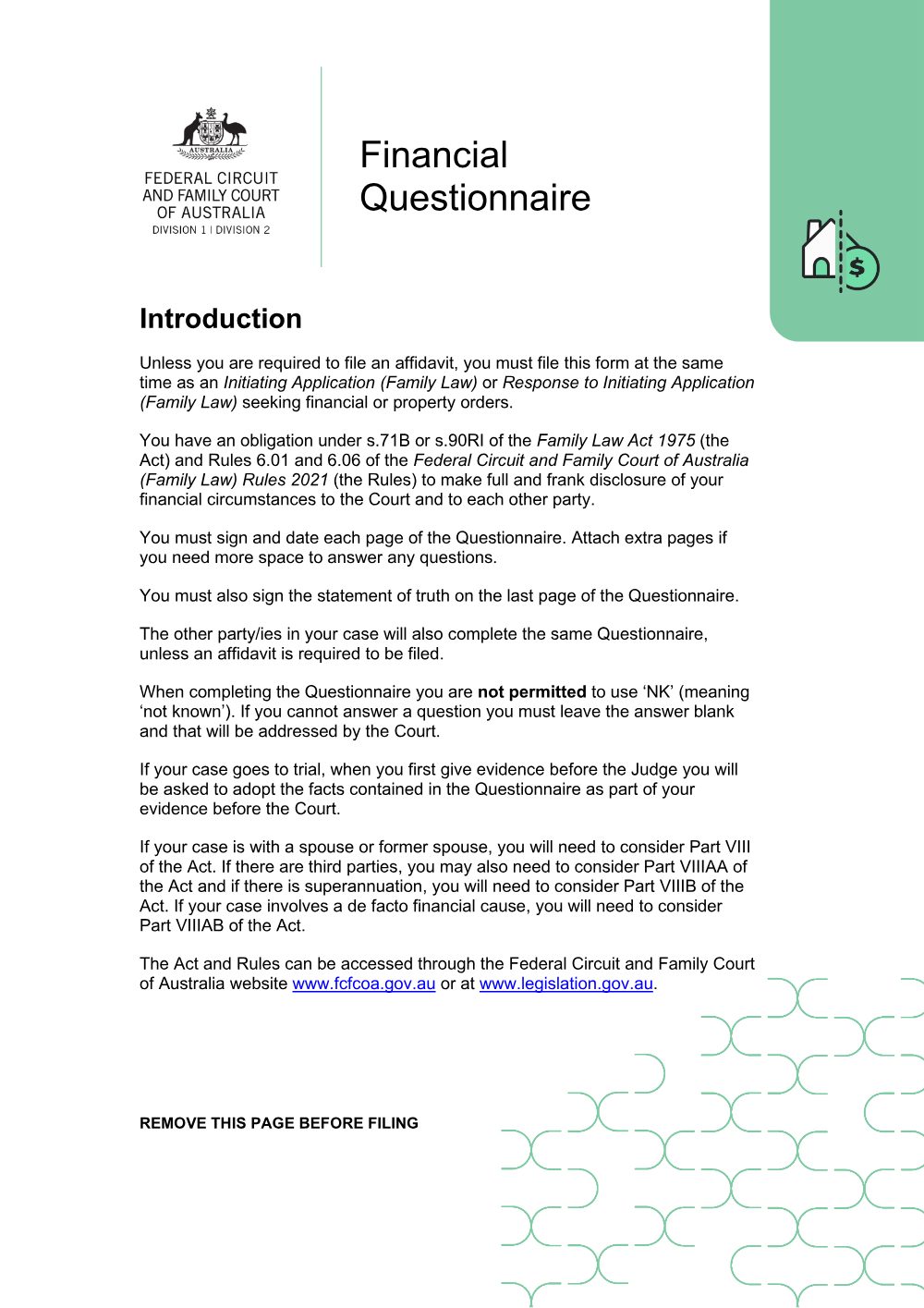 Preview of the first page of Financial Questionnaire
