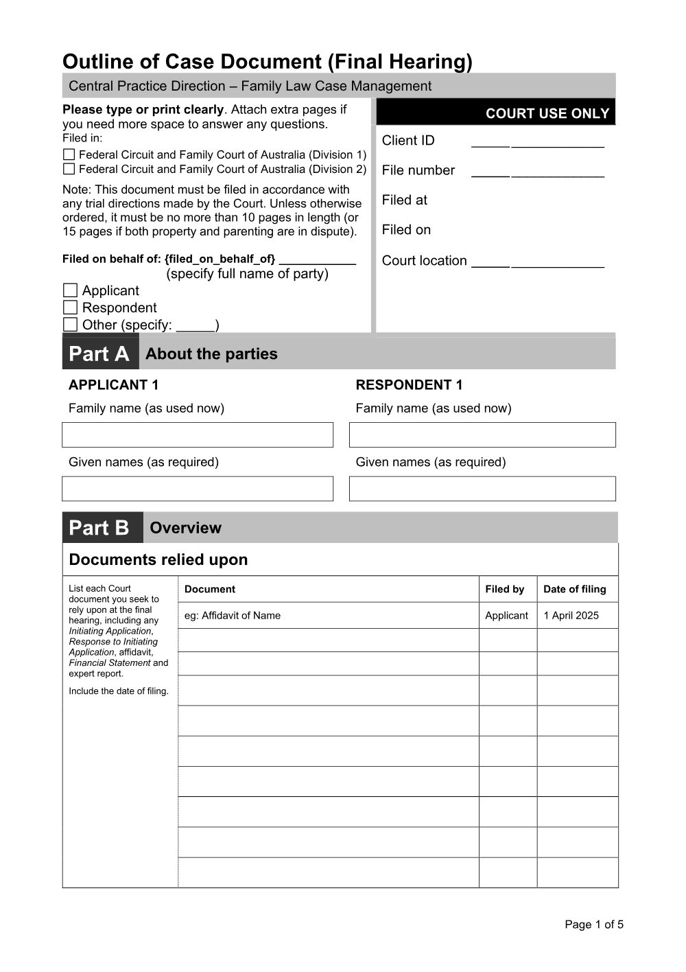 Preview of the first page of Case Outline Document (final hearing)