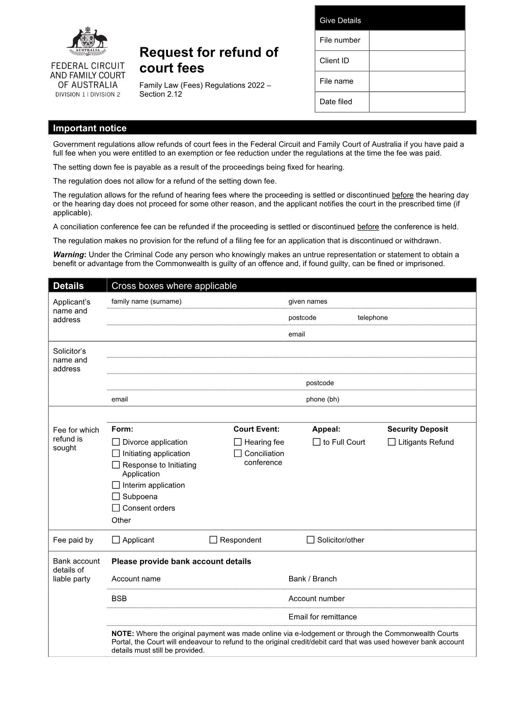 Preview of the first page of Payment of court fees - Request for refund