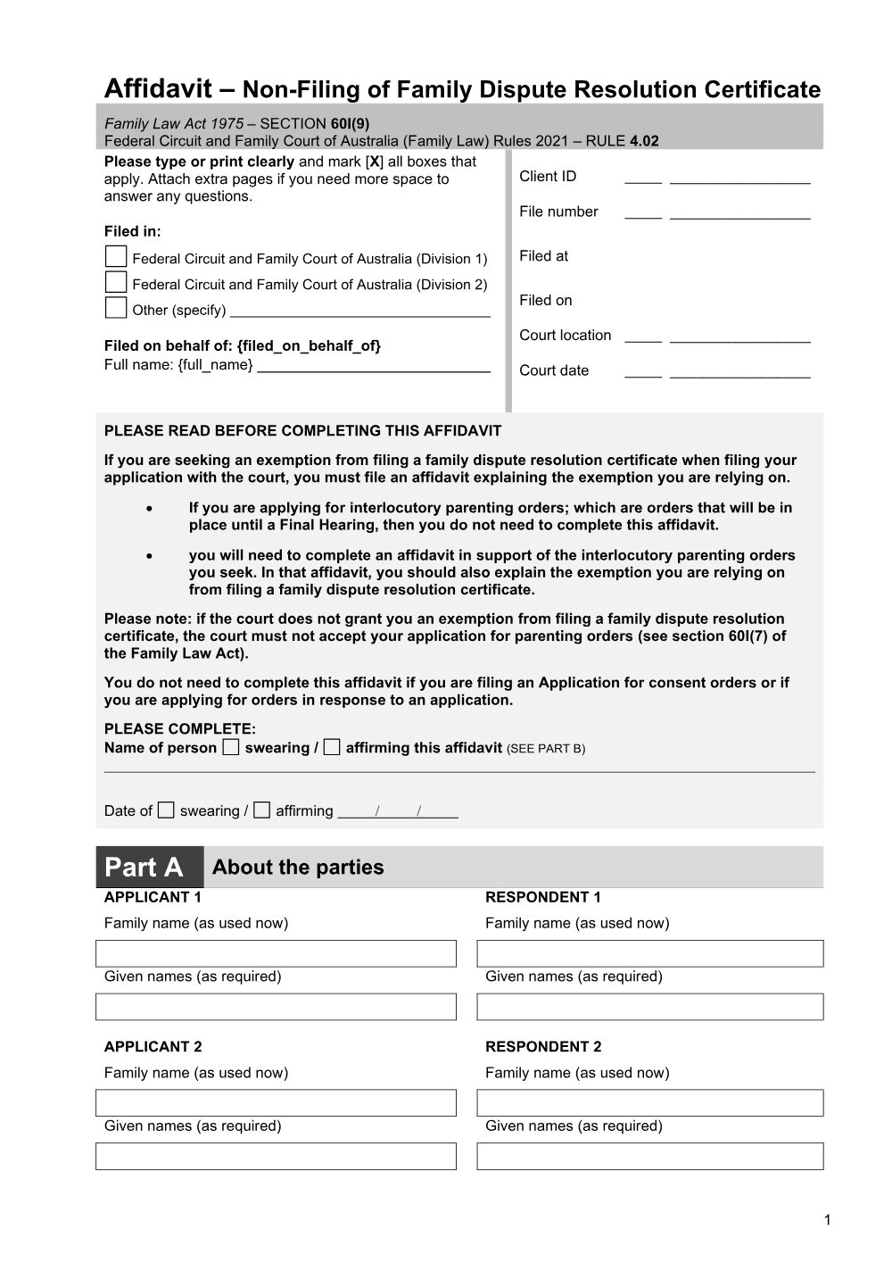 Preview of the first page of Affidavit - non-filing of family dispute resolution certificate