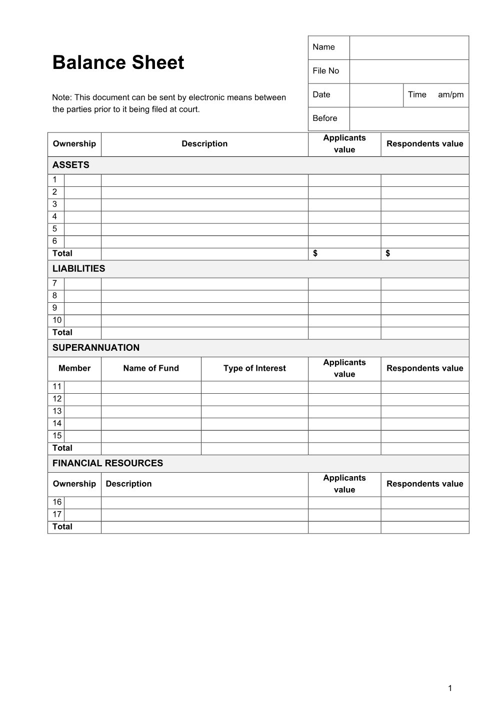 Preview of the first page of Balance sheet