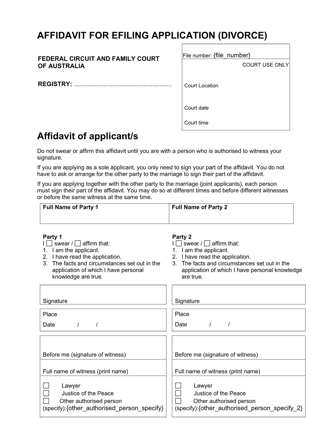 Preview of the first page of Affidavit for eFiling application (divorce)