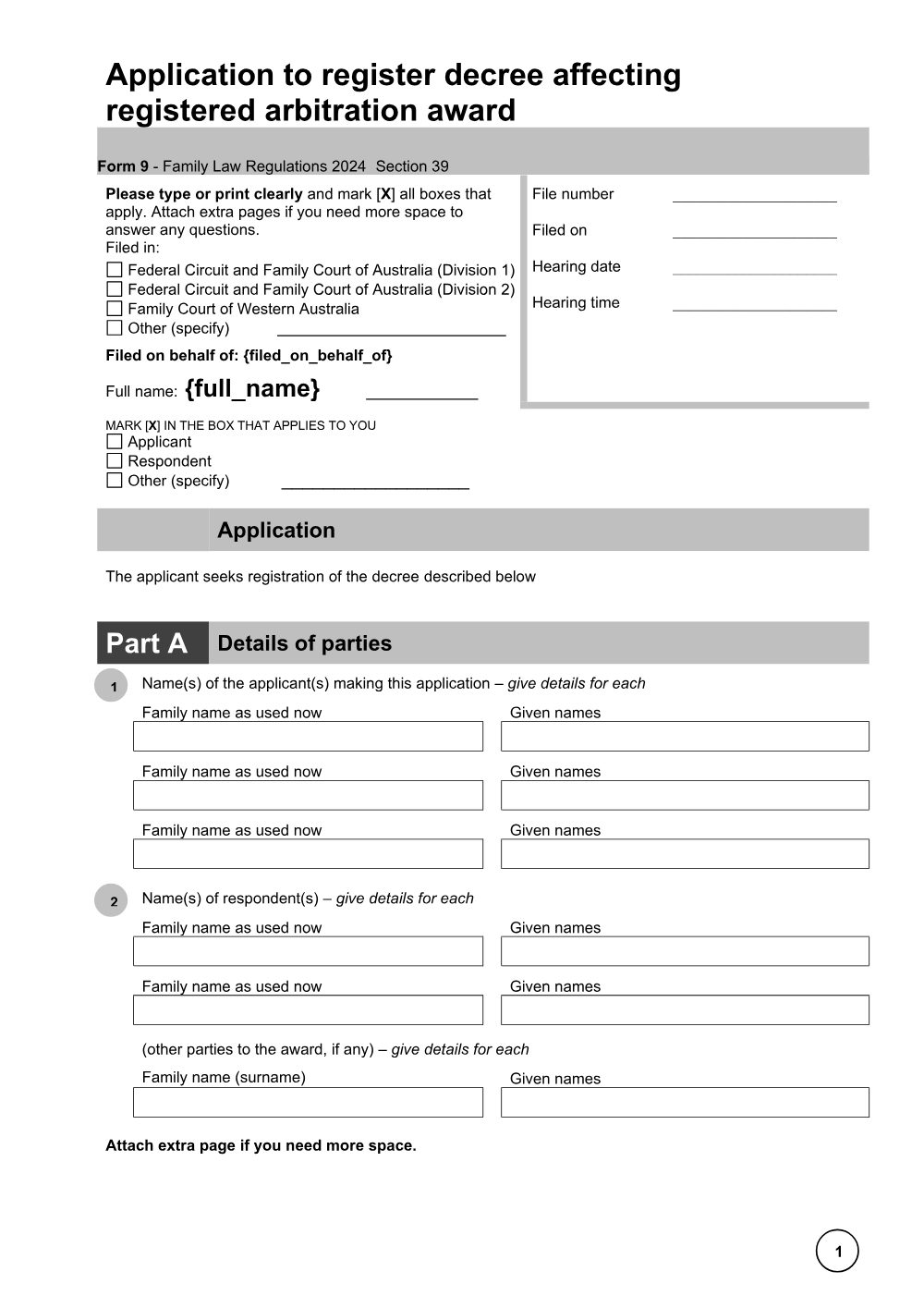Preview of the first page of Form 9 – Application to register decree affecting registered arbitration award
