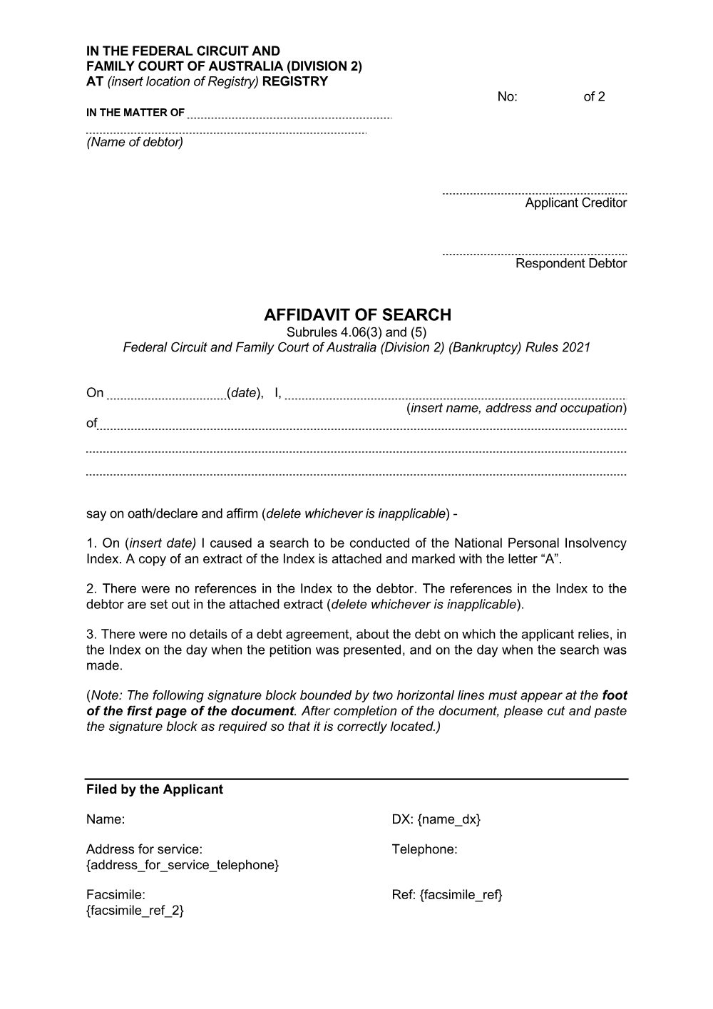 Preview of the first page of Affidavit of Search