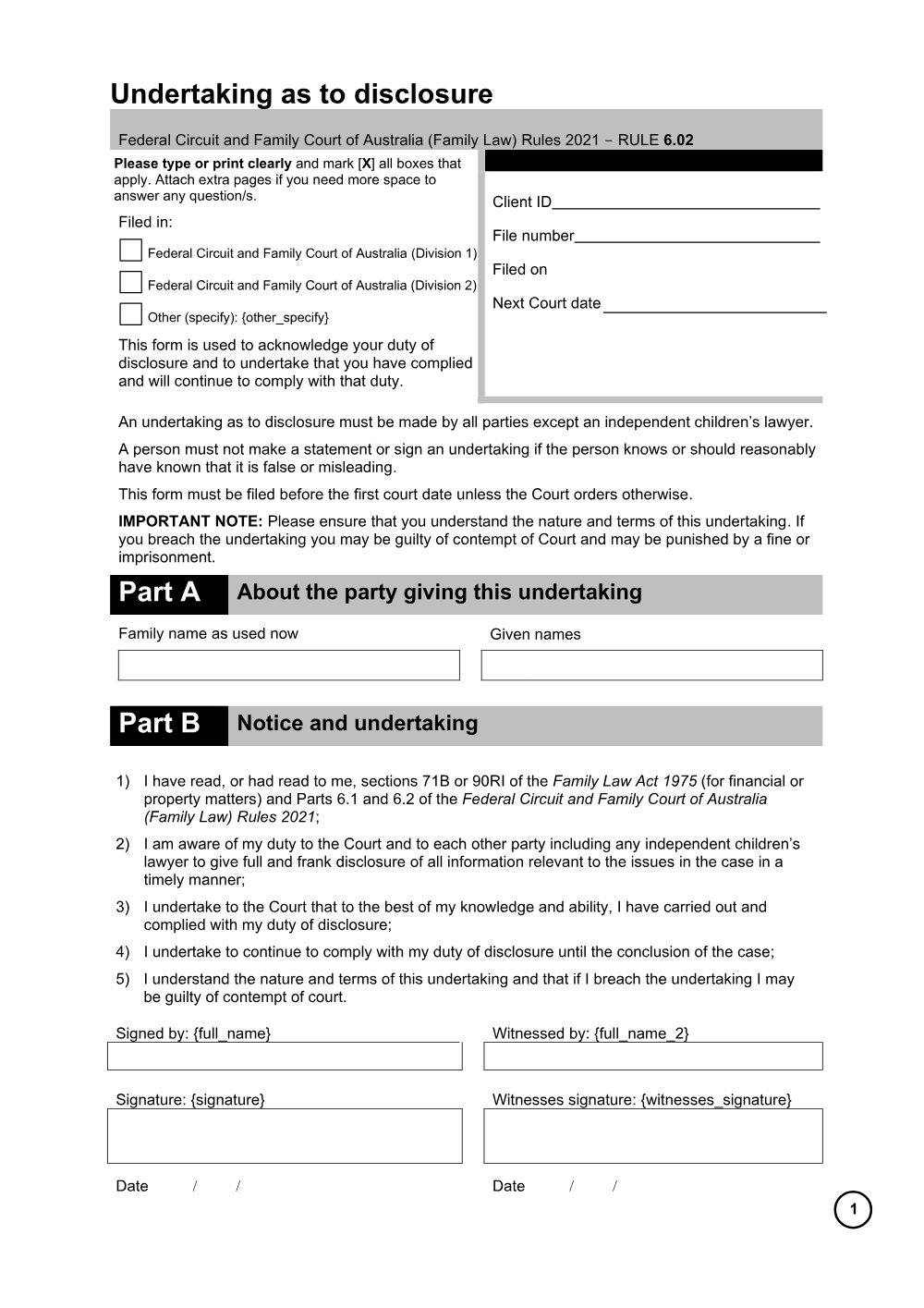 Preview of the first page of Undertaking as to disclosure