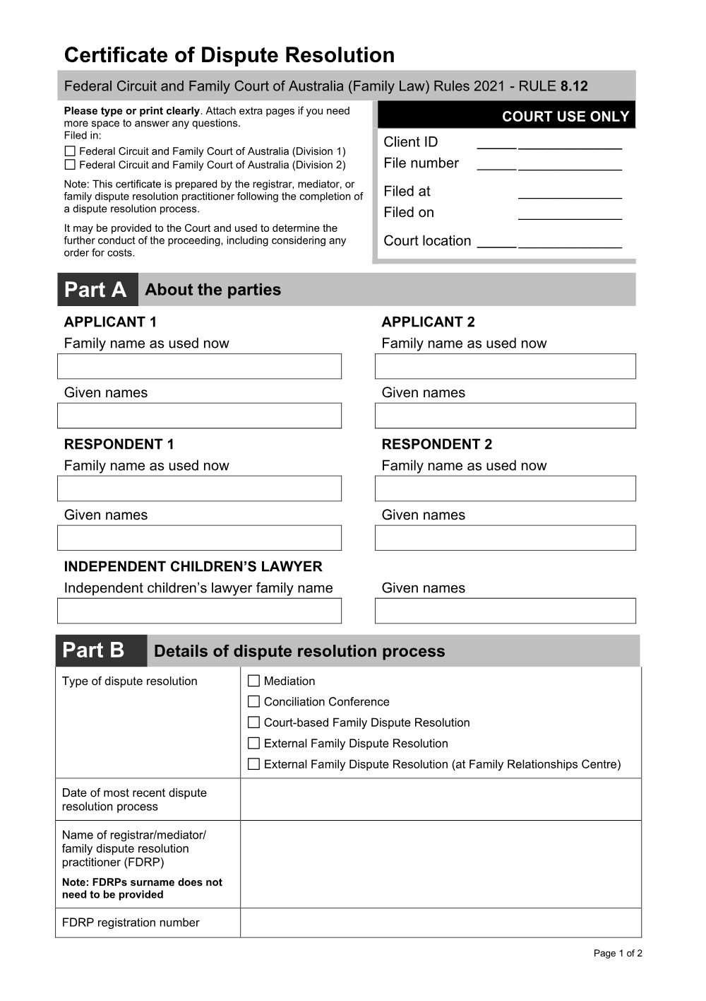 Preview of the first page of Certificate of Dispute Resolution