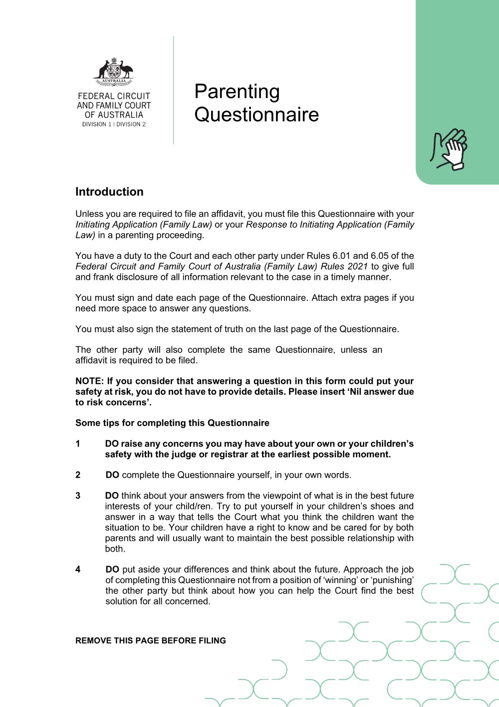 Preview of the first page of Parenting Questionnaire