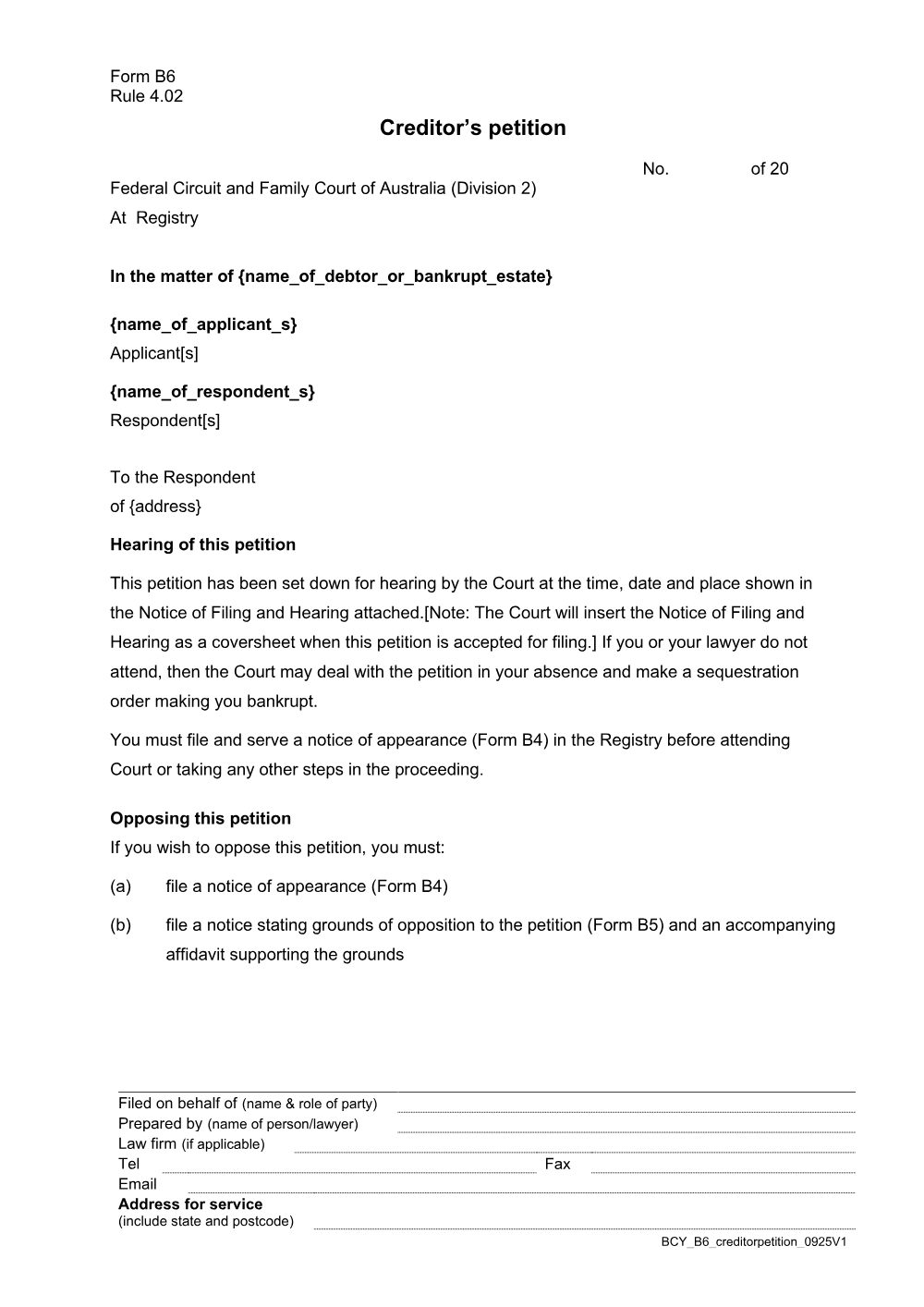 Preview of the first page of Form B6: Creditor's petition