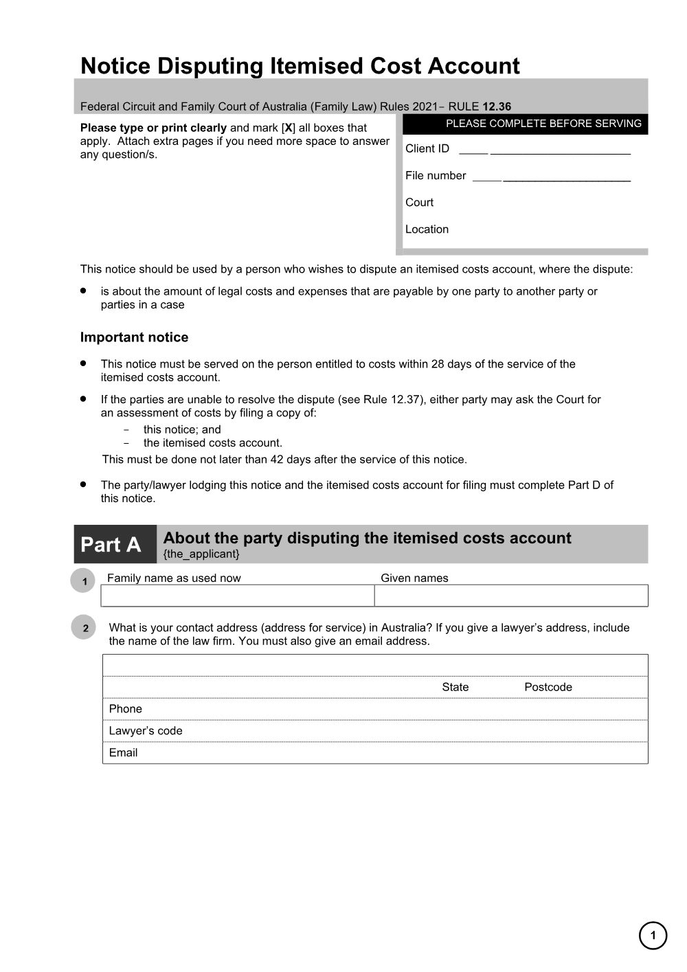 Preview of the first page of Notice Disputing Itemised Costs Account
