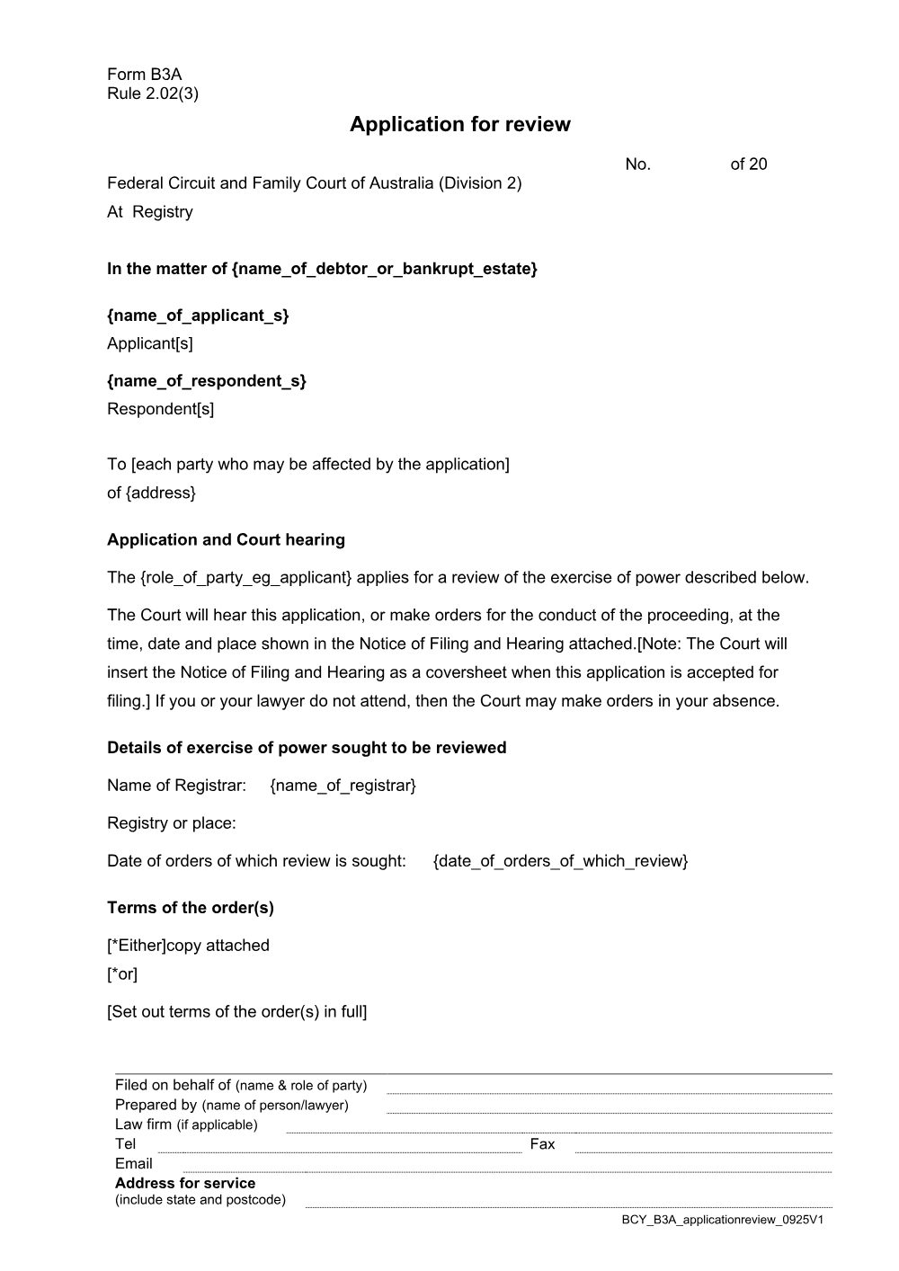 Preview of the first page of Form B3A: Application for review