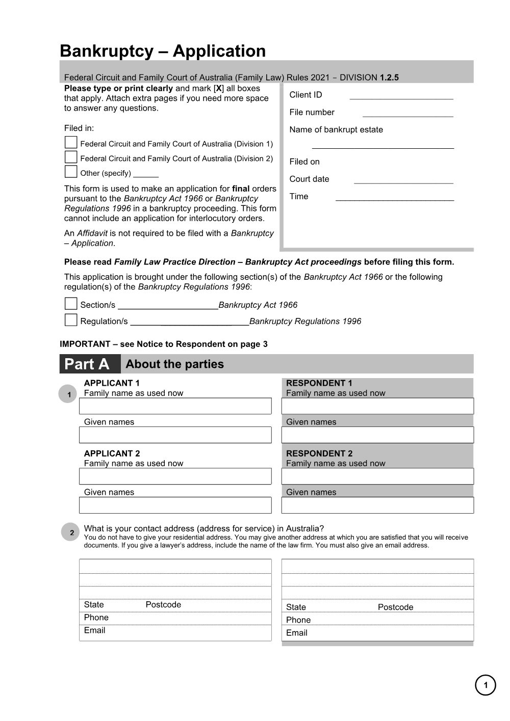 Preview of the first page of Bankruptcy - Application