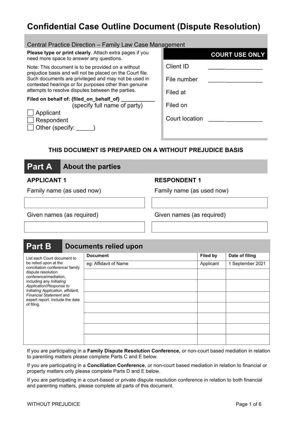 Preview of the first page of Confidential Case Outline document (Dispute Resolution)