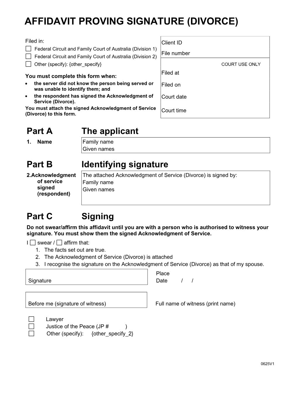 Preview of the first page of Affidavit proving signature (divorce)