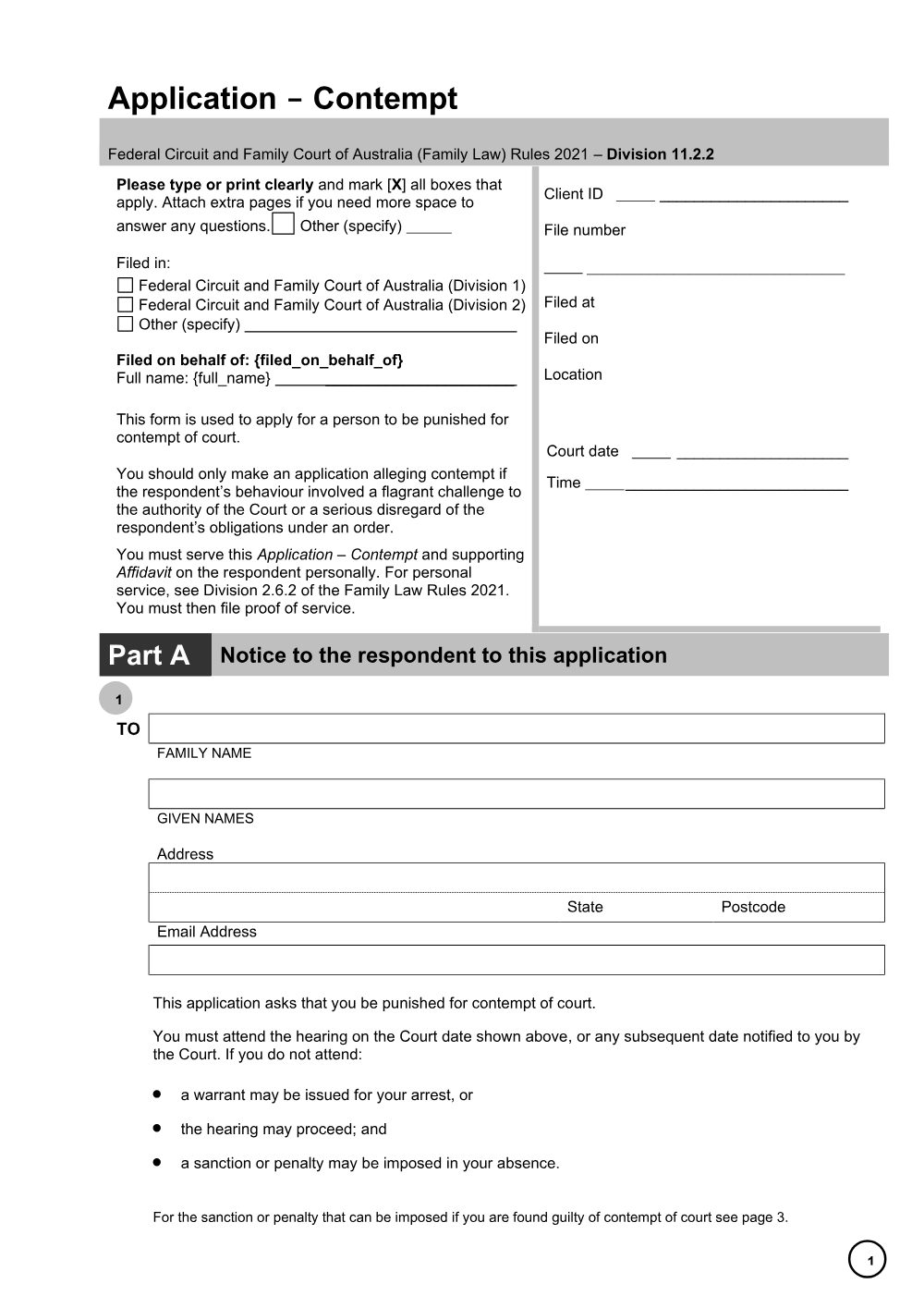 Preview of the first page of Application - Contempt