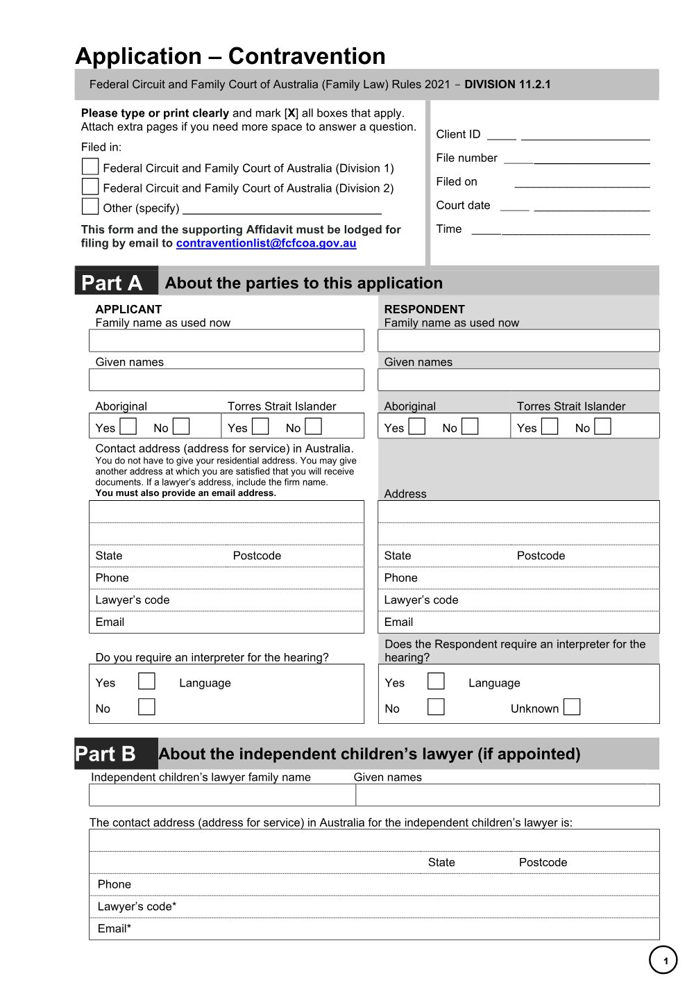 Preview of the first page of Application - Contravention