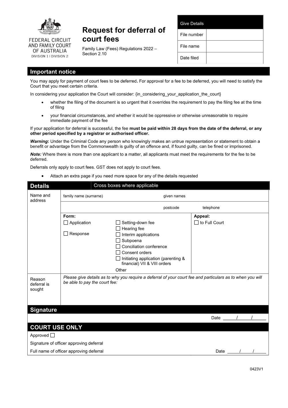 Preview of the first page of Payment of court fees - Request for deferral