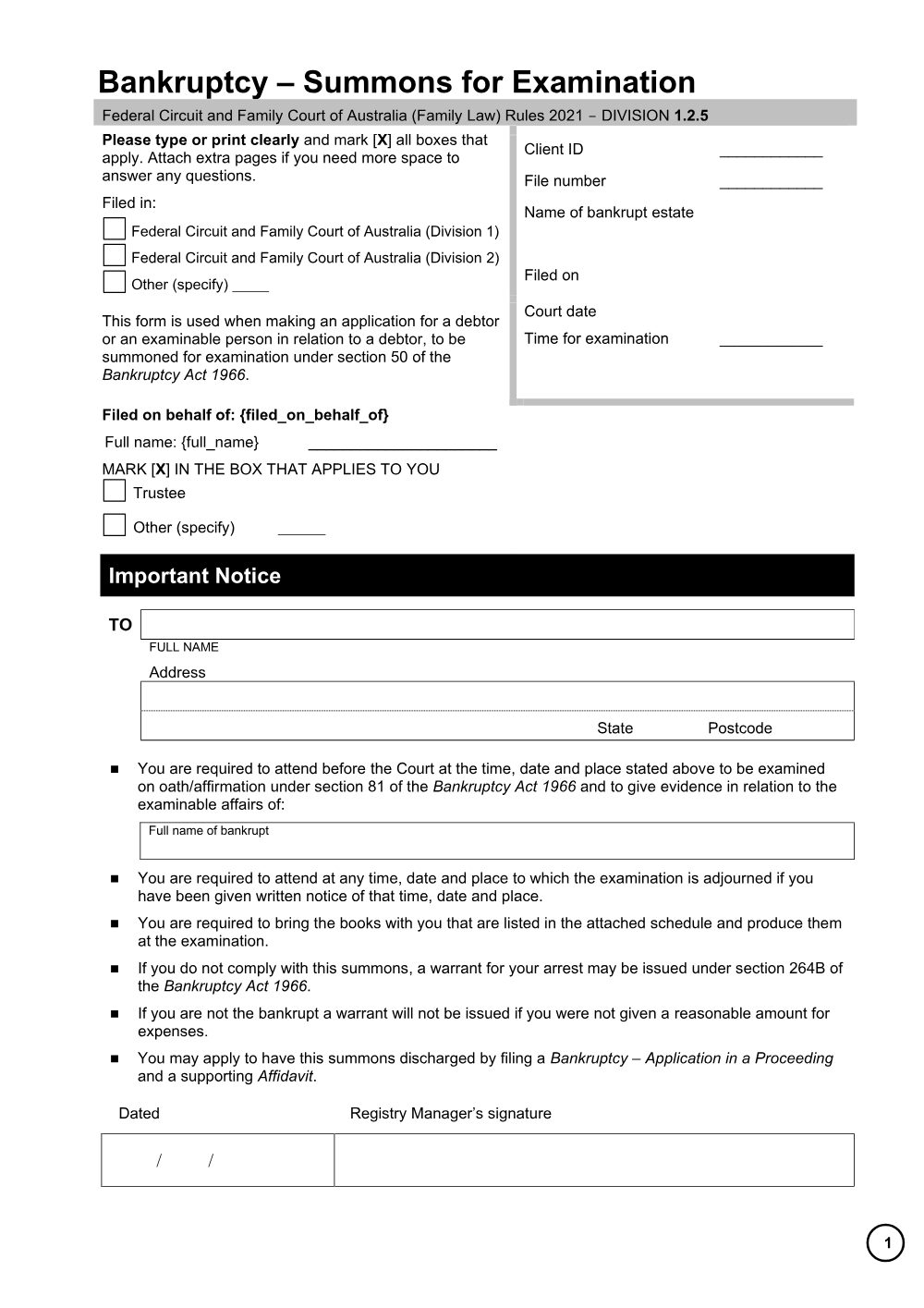 Preview of the first page of Bankruptcy - Summons for examination