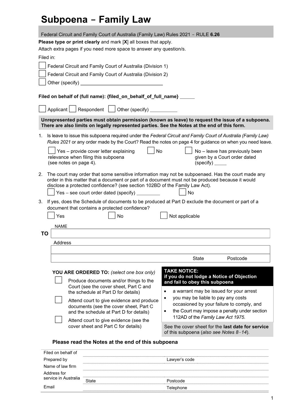 Preview of the first page of Subpoena - Family Law
