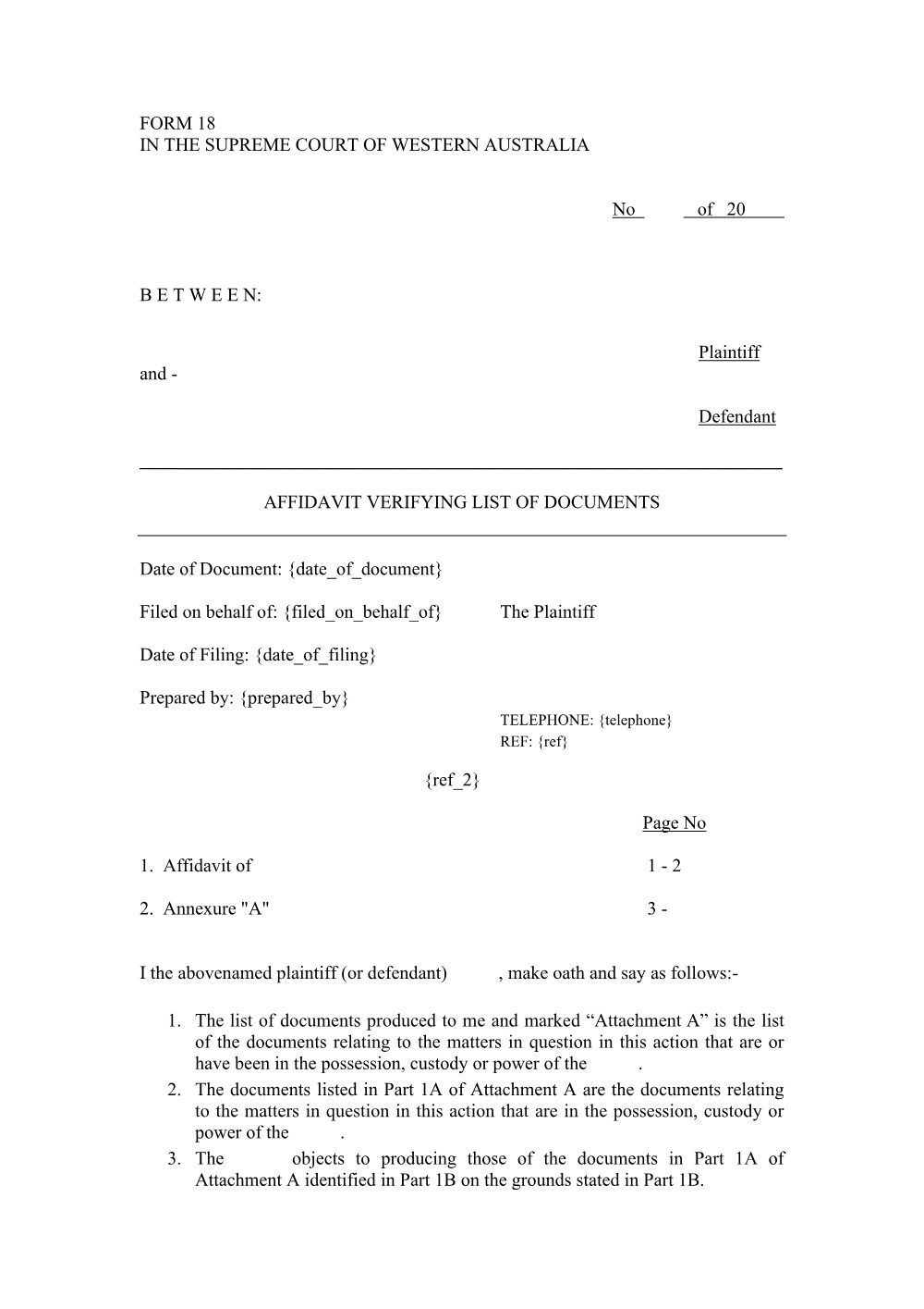 Preview of the first page of Affidavit Verifying List of Documents (Form 18)