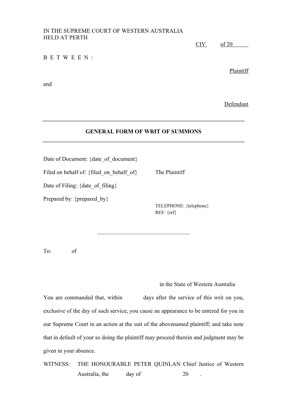 Preview of the first page of Writ of Summons (Form 1)
