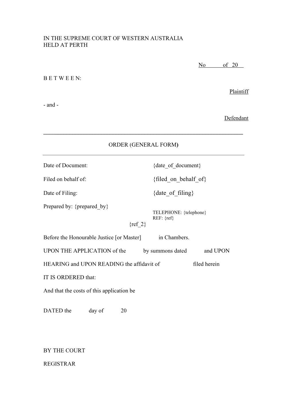 Preview of the first page of Order (General Form) (Form 78)